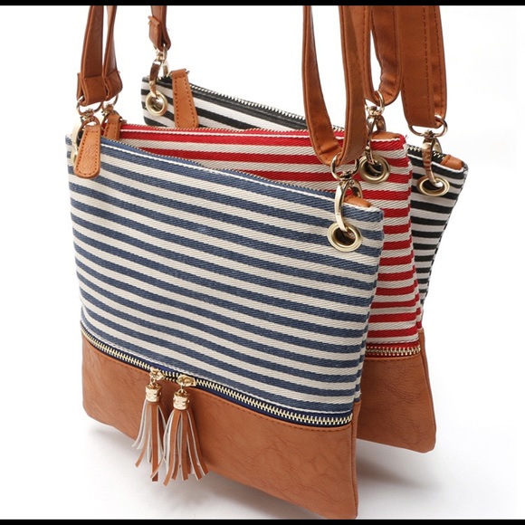 Navy Striped Cognac Faux Leather Crossbody Bag - Picture 4 of 12